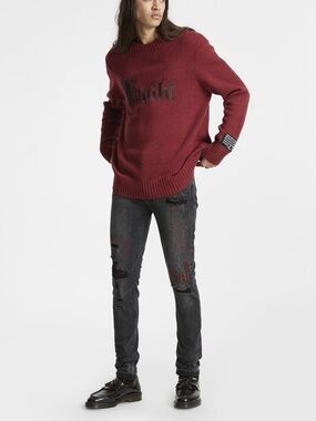 EUC Ksubi Red Royalty Knit Crewneck Sweater with Black Logo Patch - Size L